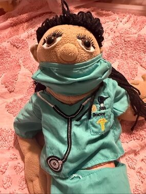 Medical Plush Puppet Doll in Teal Scrubs with Mask